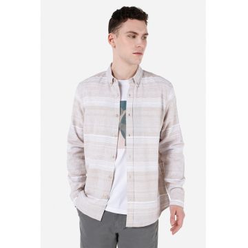 Camasa din in si bumbac cu model in dungi - Bej deschis