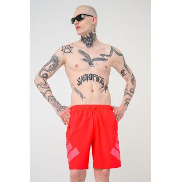 Pantaloni scurti de baie cu buzunare laterale si imprimeu logo - Rosu