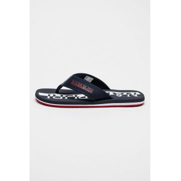 Papuci flip-flop din panza cu imprimeu logo - Bleumarin