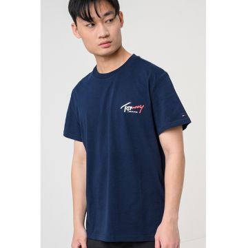 Tricou cu decolteu la baza gatului si imprimeu logo - Alb/Bleumarin