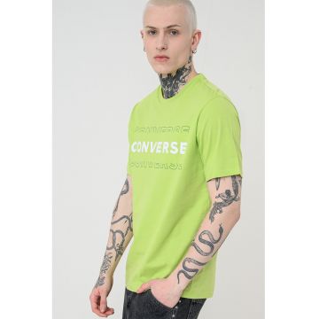 Tricou cu imprimeu text si decolteu la baza gatului - Alb/Verde lime