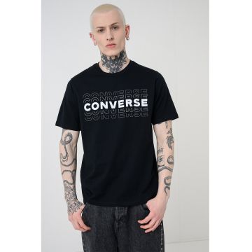 Tricou cu imprimeu text si decolteu la baza gatului - Negru/Alb optic