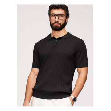 Tricou Polo Barbati Slim Fit Tricotat cu Vascoza - Negru