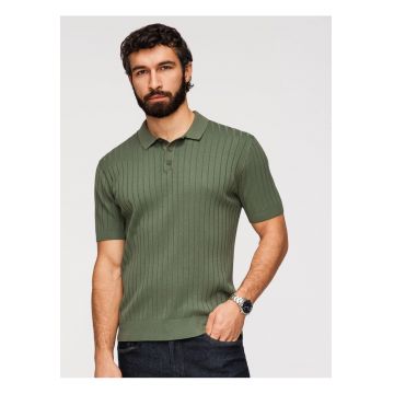 Tricou Polo Barbati Slim Fit Tricotat cu Vascoza - Verde masliniu