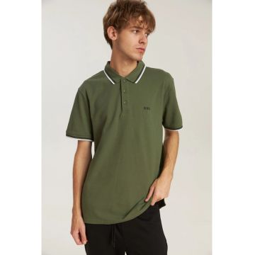 Tricou polo din bumbac pentru barbati cu maneca scurta si guler cu imprimeu si cu nasturi - Verde