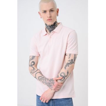 Tricou polo din bumbac pique cu dungi - Roz pastel