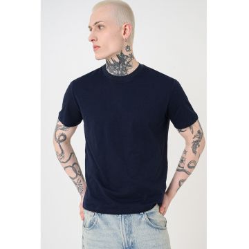 Tricou uni din in si bumbac - Bleumarin