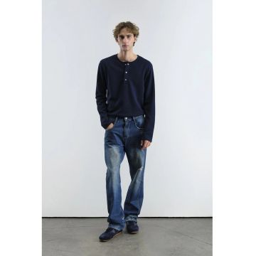 Bluza  cu maneca lunga si guler cu nasturi - albastru - elastic - poliester-viscoza -