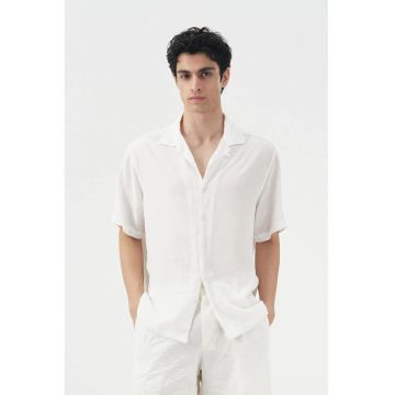 Camasa barbati -  cu maneca scurta - alb - Tencel si in - cu nasturi