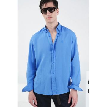 Camasa casual barbati -  maneca lunga - guler cu nasturi - albastru - Tencel