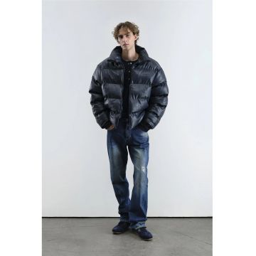 Geaca bomber barbati -  groasa - bleumarin - piele ecologica - fermoar
