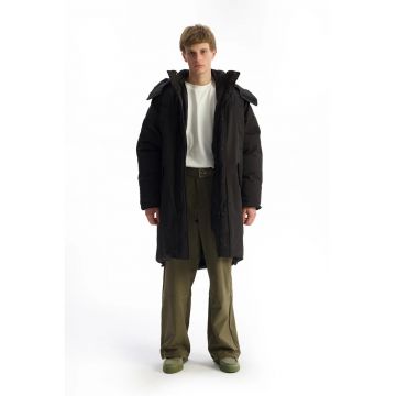 Geaca lunga Puffer -  gluga - buzunare - negru - poliester