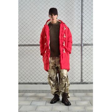 Geaca puffer -  lunga - cu gluga si buzunare - rosie - 100% poliester