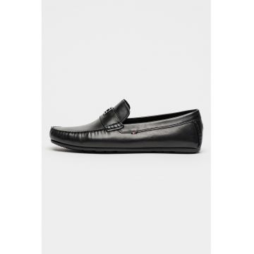 Mocasini de piele cu logo - Negru/Argintiu