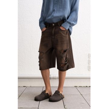 Pantaloni scurti barbati -  denim distrus - culoare maro - bumbac