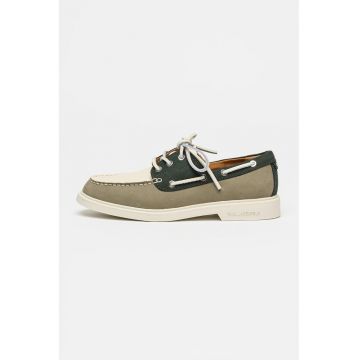 Pantofi boat de piele nabuc Kori - Verde masliniu/Verde englez/Crem