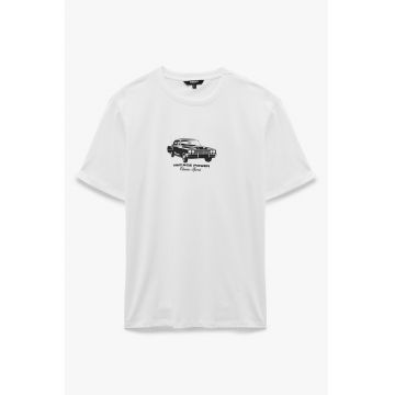 Tricou cu decolteu la baza gatului si imprimeu grafic - Alb/Negru