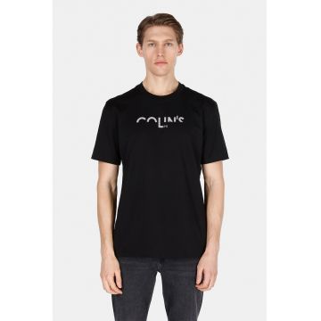 Tricou cu imprimeu si decolteu la baza gatului - Negru