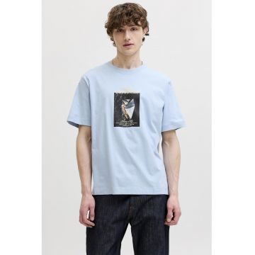 Tricou din amestec de bumbac organic cu imprimeu foto - Albastru pastel