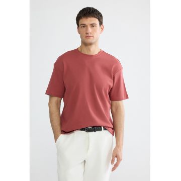 Tricou din bumbac cu decolteu la baza gatului - Coral