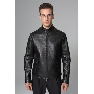 Jacheta din piele cu aspect de piele de crocodil - Negru