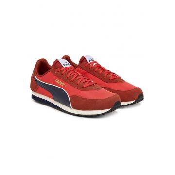 Pantofi sport barbati -  piele intoarsa si textil - rosu - design minimalist -