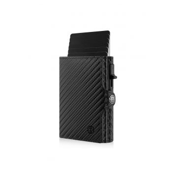 Portofel piele naturala cu Pop-Up si protectie anti scanare carduri RFID - design compact trifold - Palermo - negru carbon fiber