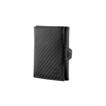 Portofel piele naturala cu protectie anti scanare carduri RFID - design compact trifold - Verona - negru carbon fiber