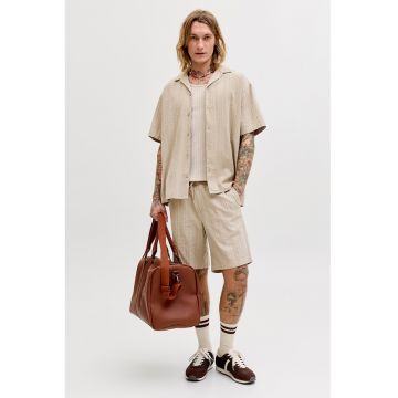 Set de camasa texturata din amestec de bumbac organic si pantaloni scurti - 2 piese - Bej deschis