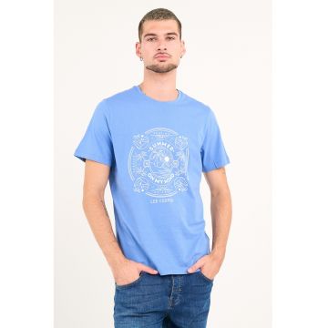 Tricou din bumbac cu decolteu la baza gatului - Albastru pastel/Alb optic