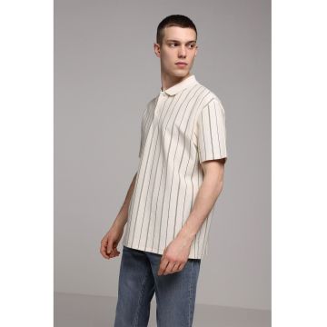 Tricou polo cu dungi - Verde masliniu/Crem