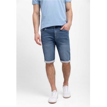 Blugi scurti cu mansete plisate - buzunare - Regular Fit - stone wash -  E-Mext - albastru inchis - Albastru inchis