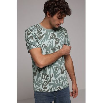 Tricou cu decolteu la baza gatului si model - Verde pal/Kaki inchis/Verde feriga