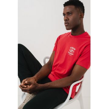 Tricou cu imprimeu logo si decolteu la baza gatului - Coral