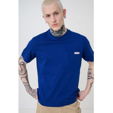 Tricou de bumbac cu buzunar pe piept - Albastru inchis