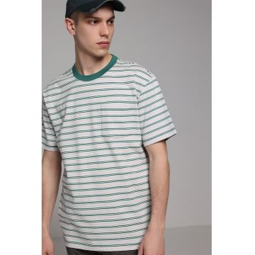 Tricou lejer din bumbac cu dungi - Alb/Verde aquamarin