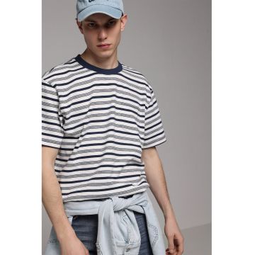 Tricou lejer din bumbac cu dungi - Gri deschis/Alb optic/Bleumarin