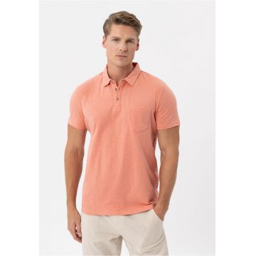 Tricou polo barbati din bumbac - cu buzunar pe piept - uni - Regular Fit -  o-Chili - piersica - Piersica