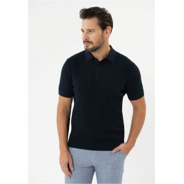 Tricou polo barbati din bumbac - tricotat - cu mansete -  O-Drumi - albastru marin - Albastru marin