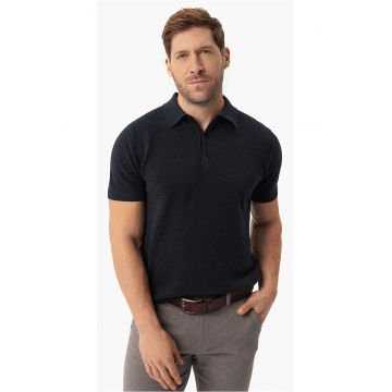 Tricou polo barbati din bumbac - tricotat -  O-Lizar - albastru marin melange - Albastru marin
