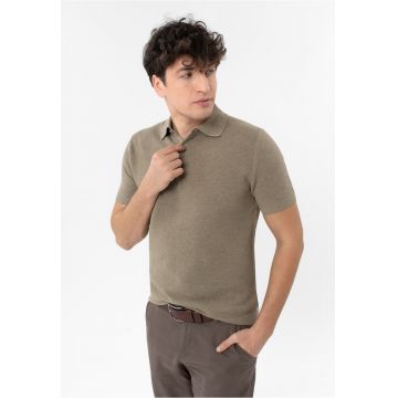 Tricou polo barbati din bumbac - tricotat -  O-Lizar - bej melange - Bej melange