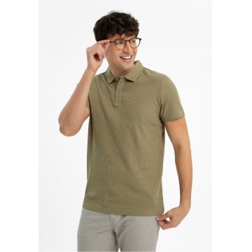 Tricou polo barbati din bumbac - uni - Regular Fit -  O-Damson - verde masliniu - Verde masliniu