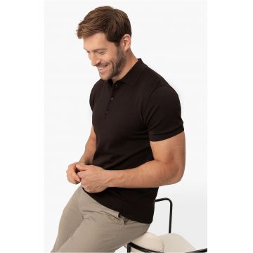 Tricou polo barbati - tricotat - cu mansete -  O-Moro - maro inchis - Maro inchis
