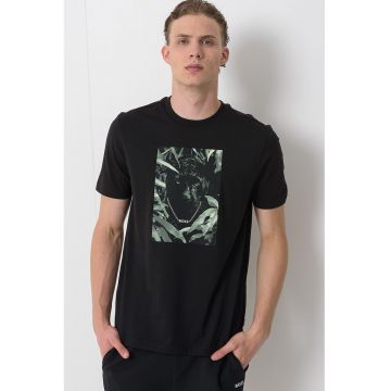 Tricou regular fit cu decolteu la baza gatului si imprimeu grafic - Negru/Verde pal