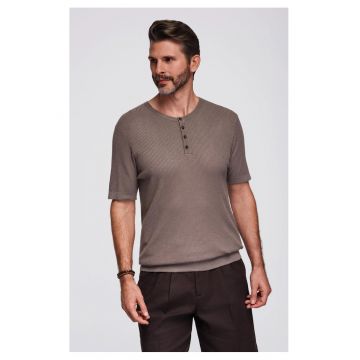 Tricou slim fit cu striatii si decolteu henley - Maro deschis