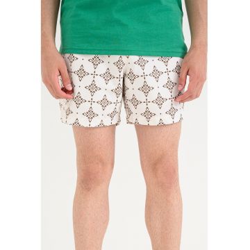 Pantaloni scurti de baie cu snururi si imprimeu - Maro/Alb murdar