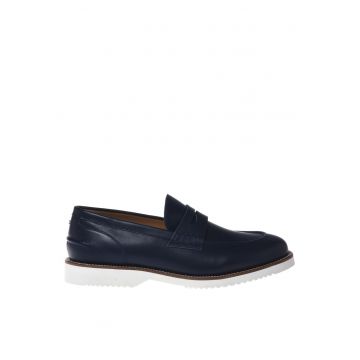 Pantofi loafer de piele cu talpa contrastanta - Bleumarin