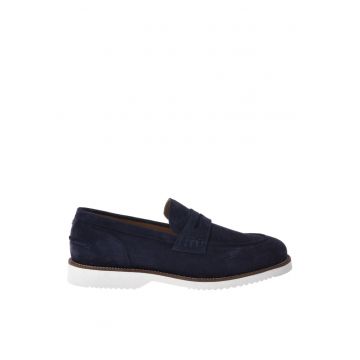 Pantofi loafer de piele intoarsa cu talpa contrastanta - Bleumarin