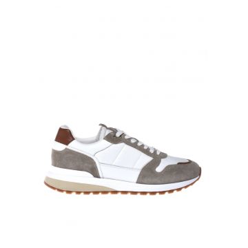 Pantofi sport cu garnituri de piele si insertii textile - Alb/Maro taupe