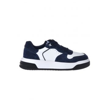 Pantofi sport de piele intoarsa si piele cu model colorblock - Alb/Albastru indigo